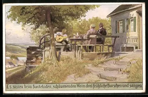 Künstler-AK P. Hey, Volksliederkarte Nr.80: Es sassen beim funkelnden... - Studenten bei Wein und Gesang