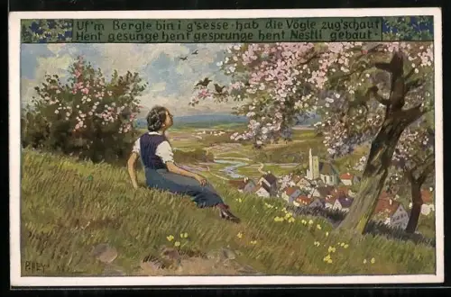 Künstler-AK P. Hey, Volksliederkarte Nr.: 74, Uf'n Bergli bin i g'sesse