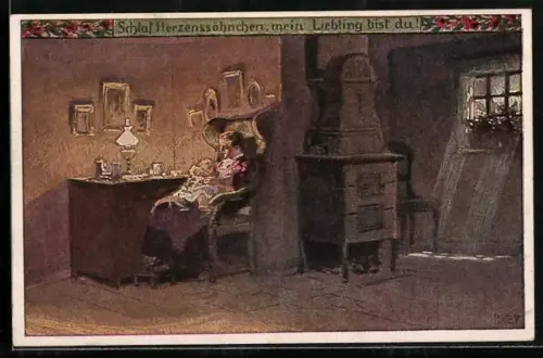 Künstler-AK P. Hey, Volksliederkarte Nr. 50: Schlaf, Herzenssöhnchen, Frau mit Baby im Sessel bei Nacht