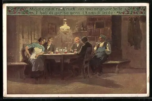Künstler-AK P. Hey, Volksliederkarte Nr. 67: Männergesellschaft trinkt zusammen Wein, Liebespaar