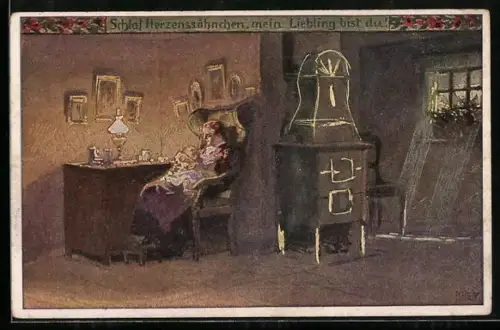 Künstler-AK P. Hey, Volksliederkarte Nr. 50: Schlaf, Herzenssöhnchen, Frau mit Baby im Sessel bei Nacht
