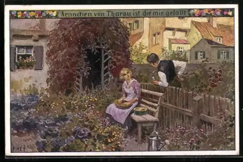 Künstler-AK P. Hey, Volksliederkarte Nr. 49: Liebespaar im Garten