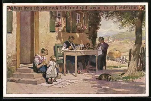 Künstler-AK Paul Hey: Was frag ich viel nach Geld und Gut, Familie im Garten, Verein für das Deutschtum im Ausland