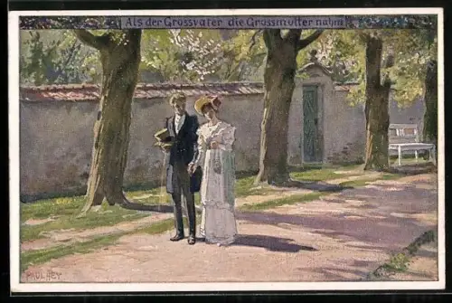 Künstler-AK Paul Hey: Volksliederkarte Nr. 20774: Elegant gekleidetes Paar auf einem Weg im Park