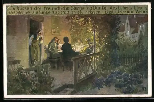 Künstler-AK P. Hey, Volksliederkarte Nr.71: Es blicken drei freundliche... - Singen im Schein der Laterne vor dem Haus