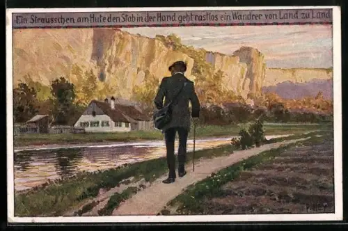 Künstler-AK P. Hey, Volksliederkarte Nr. 52: Ein Straüsschen am Hute, Wanderer an einem Fluss