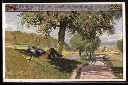 Künstler-AK P. Hey, Volksliederkarte Nr. 53: Bei einem Wirte wundermild, Mann rastet auf der Wiese unter dem Apfelbaum