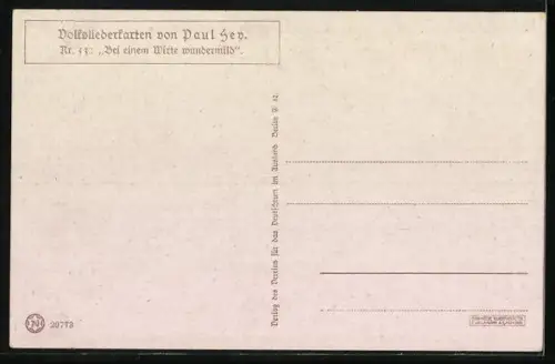 Künstler-AK P. Hey, Volksliederkarte Nr. 53: Bei einem Wirte wundermild, Mann rastet auf der Wiese unter dem Apfelbaum