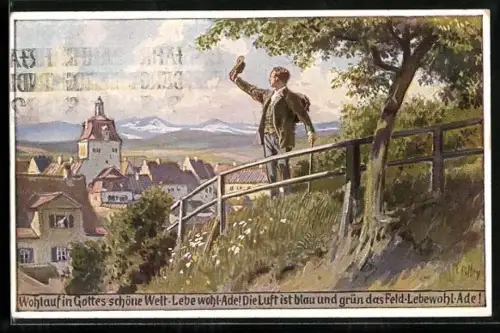 Künstler-AK P. Hey, Volksliederkarte Nr. 78: Wohlauf in Gottes schöne Welt, Wanderer