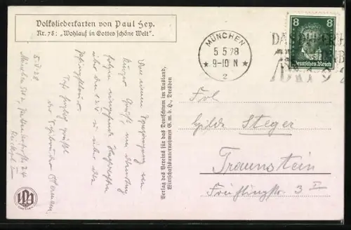 Künstler-AK P. Hey, Volksliederkarte Nr. 78: Wohlauf in Gottes schöne Welt, Wanderer