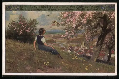 Künstler-AK P. Hey, Volksliederkarte Nr.: 74, Uf'n Bergli bin i g'sesse