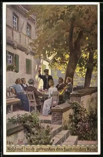 Künstler-AK P. Hey, Volksliederkarte Nr.: 70, Wohlauf, noch getrunken den funkelnden Wein
