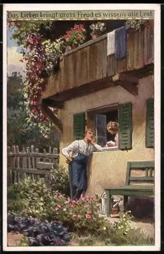 Künstler-AK P. Hey, Volksliederkarte Nr.: 75, Das Lieben bringt gross Freud, es wissen alle Leut