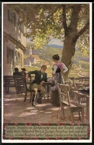 Künstler-AK P. Hey: Keinen Tropfen im Becher mehr und der Beutel schlaff und leer