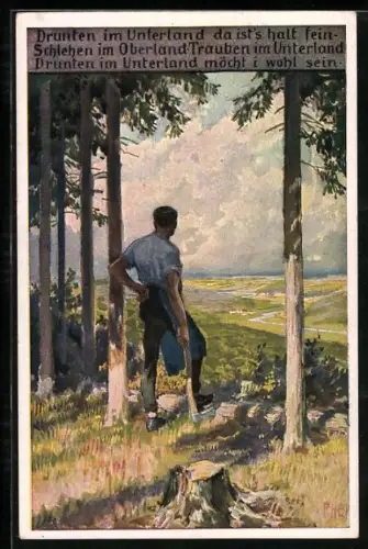 Künstler-AK P. Hey, Volksliederkarte Nr. 60: Drunten im Unterland, Junger Mann blickt vom Waldesrand ins Tal