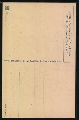 Künstler-AK P. Hey, Volksliederkarte Nr. 60: Drunten im Unterland, Junger Mann blickt vom Waldesrand ins Tal