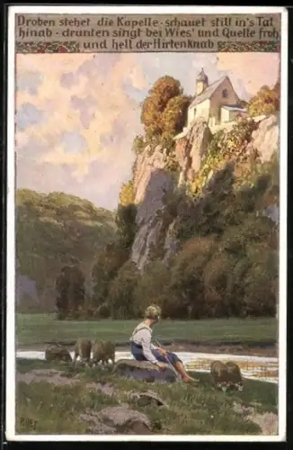 Künstler-AK P. Hey, Volksliederkarte Nr. 96: Droben stehet die Kapelle, Junge blickt hoch zur Kapeele auf einem Berg