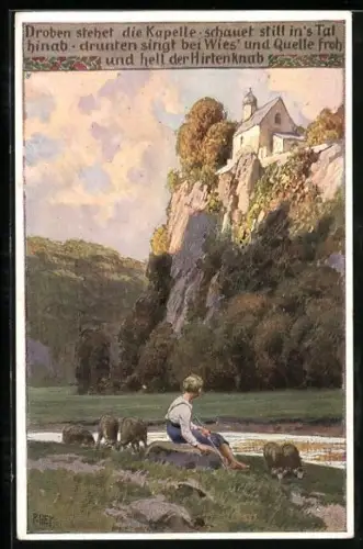 Künstler-AK P. Hey, Volksliederkarte Nr. 96: Droben stehet die Kapelle, Junge blickt hoch zur Kapeele auf einem Berg