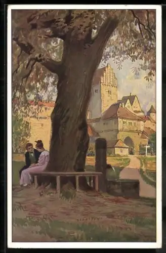 Künstler-AK Paul Hey: Paar auf einer Bank, Verein für das Deutschtum im Ausland