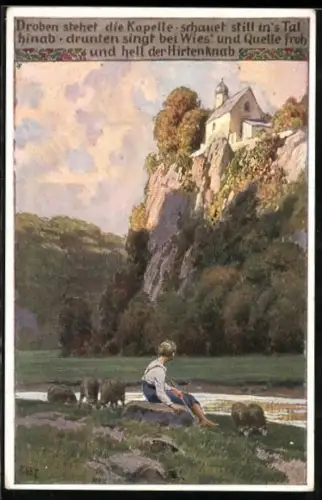 Künstler-AK P. Hey, Volksliederkarte Nr. 96: Droben stehet die Kapelle, Junge blickt hoch zur Kapeele auf einem Berg