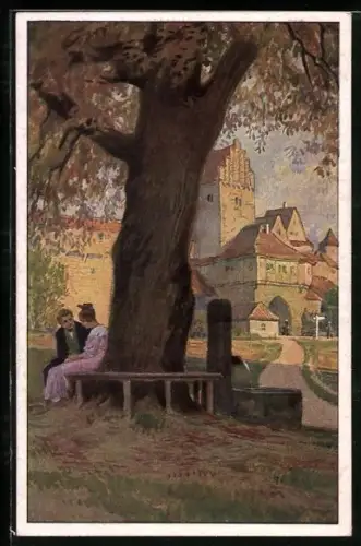 Künstler-AK Paul Hey: Paar auf einer Bank, Verein für das Deutschtum im Ausland