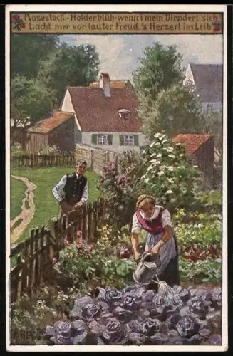 Künstler-AK Paul Hey: Frau giesst Kohl im Garten, Verein für das Deutschtum im Ausland