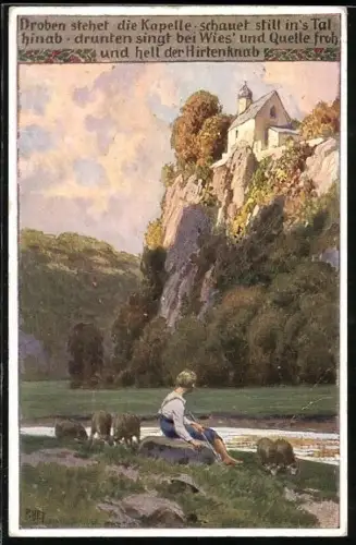 Künstler-AK P. Hey, Volksliederkarte Nr. 96: Droben stehet die Kapelle, Junge blickt hoch zur Kapeele auf einem Berg