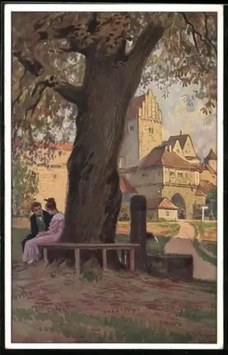 Künstler-AK Paul Hey: Paar auf einer Bank, Verein für das Deutschtum im Ausland