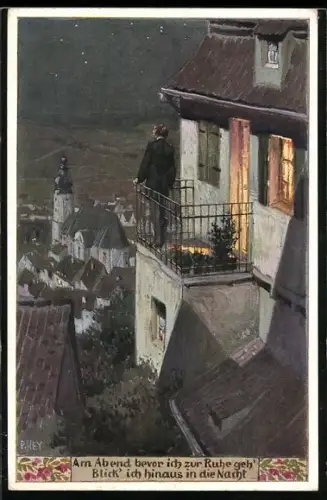 Künstler-AK P. Hey, Volksliederkarte Nr.98: Am Abend bevor ich zur Ruhe geh - Mann auf dem Balkon unterm Sternenhimmel