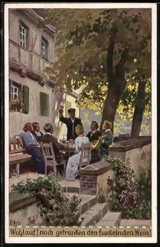 Künstler-AK P. Hey, Volksliederkarte Nr.70: Wohlauf! noch getrunken, Feiernde auf der Terrasse