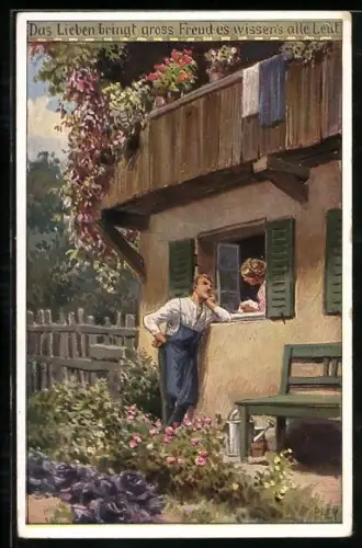 Künstler-AK P. Hey, Volksliederkarte Nr.: 75, Das Lieben bringt gross Freud, es wissen alle Leut