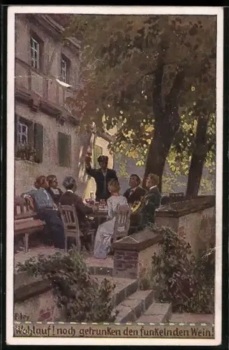 Künstler-AK P. Hey, Volksliederkarte Nr.70: Wohlauf! noch getrunken, Feiernde auf der Terrasse