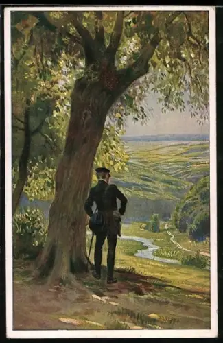 Künstler-AK Paul Hey: Wanderer geniesst den Ausblick, Verein für das Deutschtum im Ausland