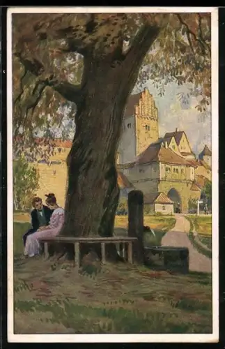 Künstler-AK Paul Hey: Paar auf einer Bank, Verein für das Deutschtum im Ausland