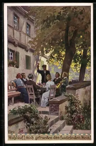 Künstler-AK P. Hey, Volksliederkarte Nr.70: Wohlauf! noch getrunken, Feiernde auf der Terrasse