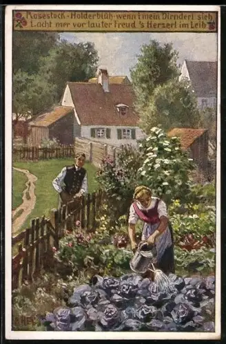 Künstler-AK P. Hey, Volksliederkarte Nr.41: Rosestock, Holderblüh - Mann am Zaun betrachtet Frau im Gemüsegarten