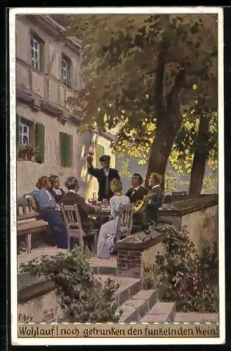 Künstler-AK P. Hey, Volksliederkarte Nr.70: Wohlauf! noch getrunken, Feiernde auf der Terrasse