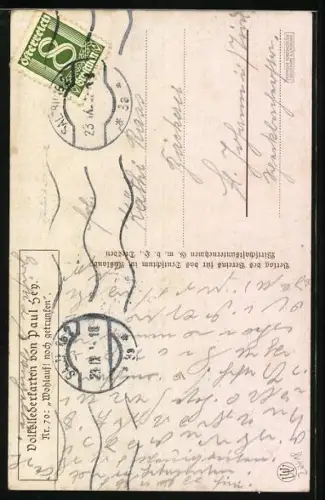 Künstler-AK P. Hey, Volksliederkarte Nr.70: Wohlauf! noch getrunken, Feiernde auf der Terrasse