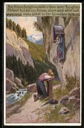 Künstler-AK Paul Hey: Volksliederkarte Nr. 85: Ave Maria, Jungfrau mild, Kniende Frau spricht ein Gebet