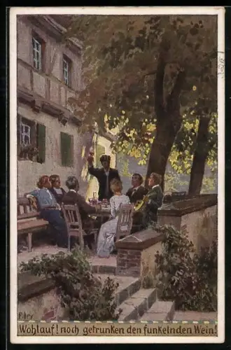 Künstler-AK P. Hey, Volksliederkarte Nr.70: Wohlauf! noch getrunken, Feiernde auf der Terrasse