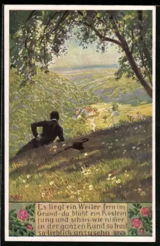 Künstler-AK P. Hey, Volksliederkarte Nr.: 59, Es liegt ein Weiler fern im Grunde