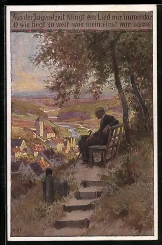 Künstler-AK P. Hey, Volksliederkarte Nr.: 69, Aus der Jugendzeit, Mann mit Stock auf einer Bank