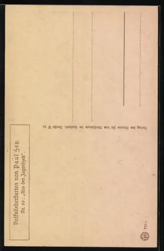 Künstler-AK P. Hey, Volksliederkarte Nr.: 69, Aus der Jugendzeit, Mann mit Stock auf einer Bank