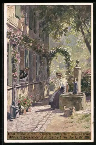 Künstler-AK P. Hey, Volksliederkarte Nr.: 48, Und blühen a mal die Rosen