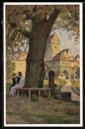 Künstler-AK Paul Hey: Paar auf einer Bank, Verein für das Deutschtum im Ausland