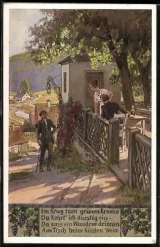 Künstler-AK Paul Hey: Volksliederkarte Nr. 25: Im Krug zum grünen Kranze, Student erreicht Gasthof