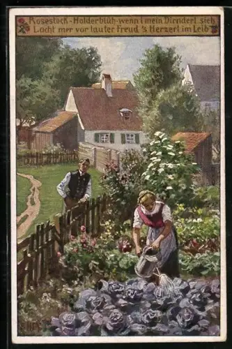 Künstler-AK Paul Hey: Frau giesst Kohl im Garten, Verein für das Deutschtum im Ausland