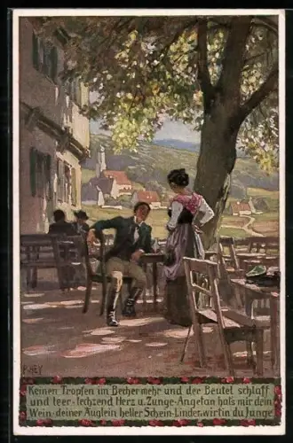 Künstler-AK P. Hey: Keinen Tropfen im Becher mehr und der Beutel schlaff und leer