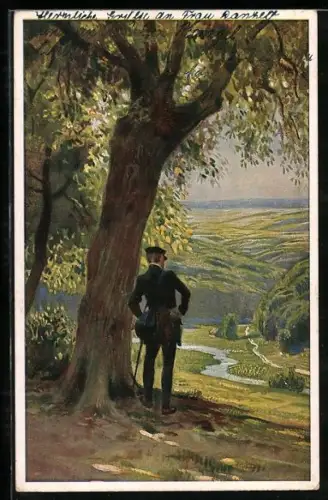 Künstler-AK Paul Hey: Wanderer geniesst den Ausblick, Verein für das Deutschtum im Ausland