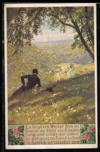 Künstler-AK P. Hey, Volksliederkarte Nr.: 59, Es liegt ein Weiler fern im Grunde